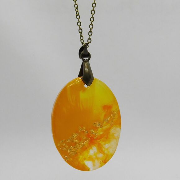 Handmade Orange Sunset Gold Leaf Oval Resin Cast Pendant Necklace - Picture 3 of 10